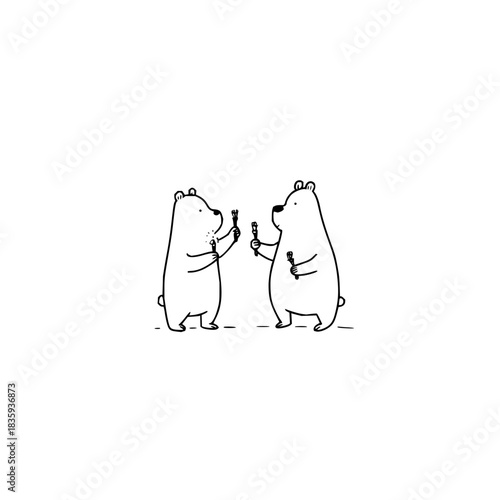 Singing polar bears with microphones in a line having a good time together in black and white sketch