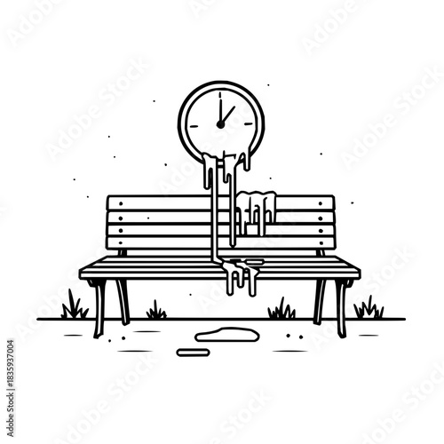 Clock and bench illustration depicting the passage of time and the decay of urban spaces