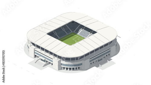 Isometric illustration of a stadium with a green field and white roof.