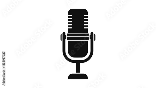 Black and white illustration of a classic microphone on a stand.