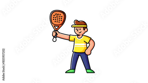 Cartoon man holding a padel racket in the air, celebrating a win.