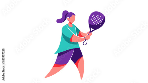 Woman playing padel tennis with a purple racket.
