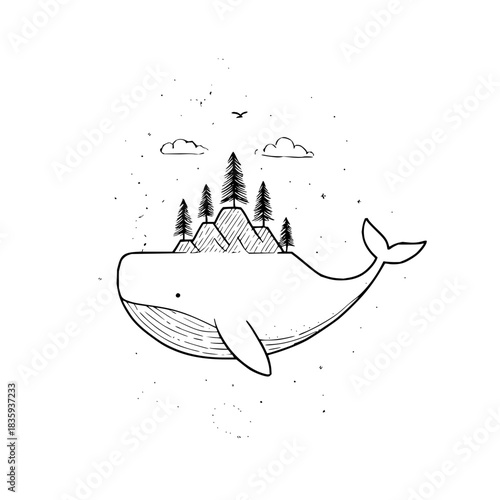 Whale floating with island in the sky with trees and mountain peaks in black and white ink drawing