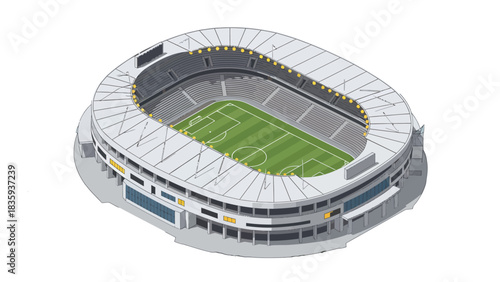 Isometric view of a stadium with a green field.