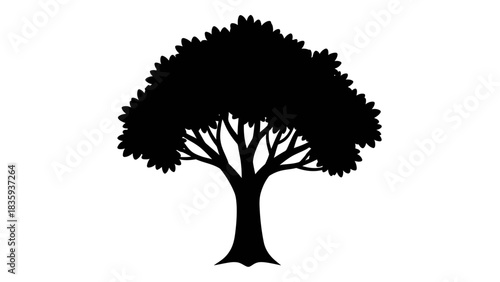Silhouette of a tree with dense foliage against a white background.