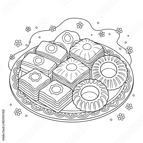 Delightful assortment of traditional Middle Eastern desserts on a decorative plate, perfect for culinary projects and festive designs