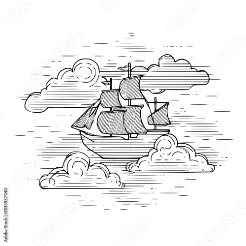 Robot server delivering a stack of pancakes with steam in a black and white line drawing style image