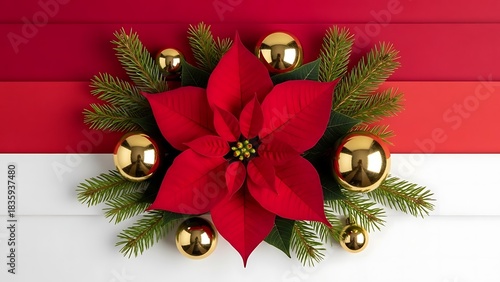 Vibrant Red Poinsettia with Gold Baubles and Fir Branches on a Striped Background