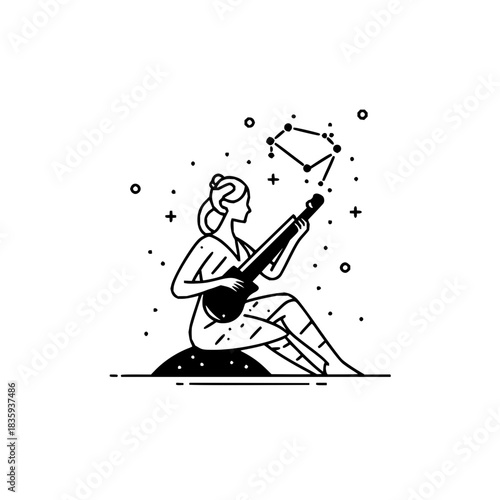 Fox juggling planets in space with a whimsical and dreamy style using simple black and white lines