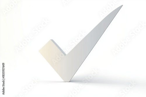 Large three-dimensional white check mark casting soft shadow on white background symbolizing approval and correctness