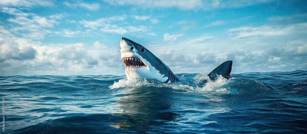 Fototapeta premium Great white shark emerging from the ocean surface with mouth open showing sharp teeth under a partly cloudy blue sky