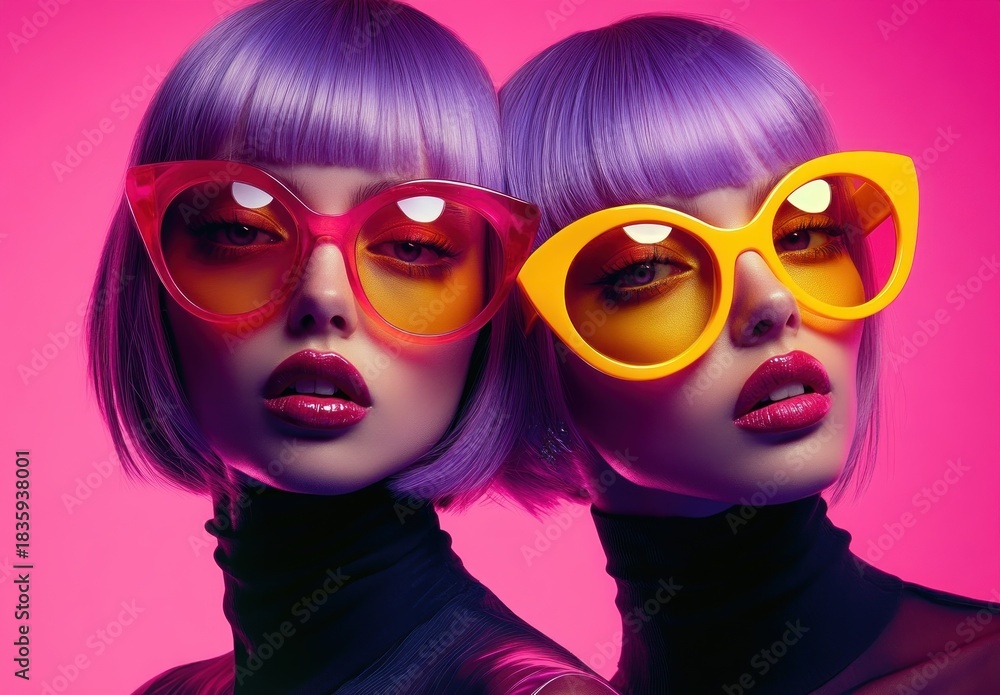 Obraz premium Two women with short lavender hair wearing oversized colorful sunglasses and black turtlenecks posing against bright pink background, intense expressions