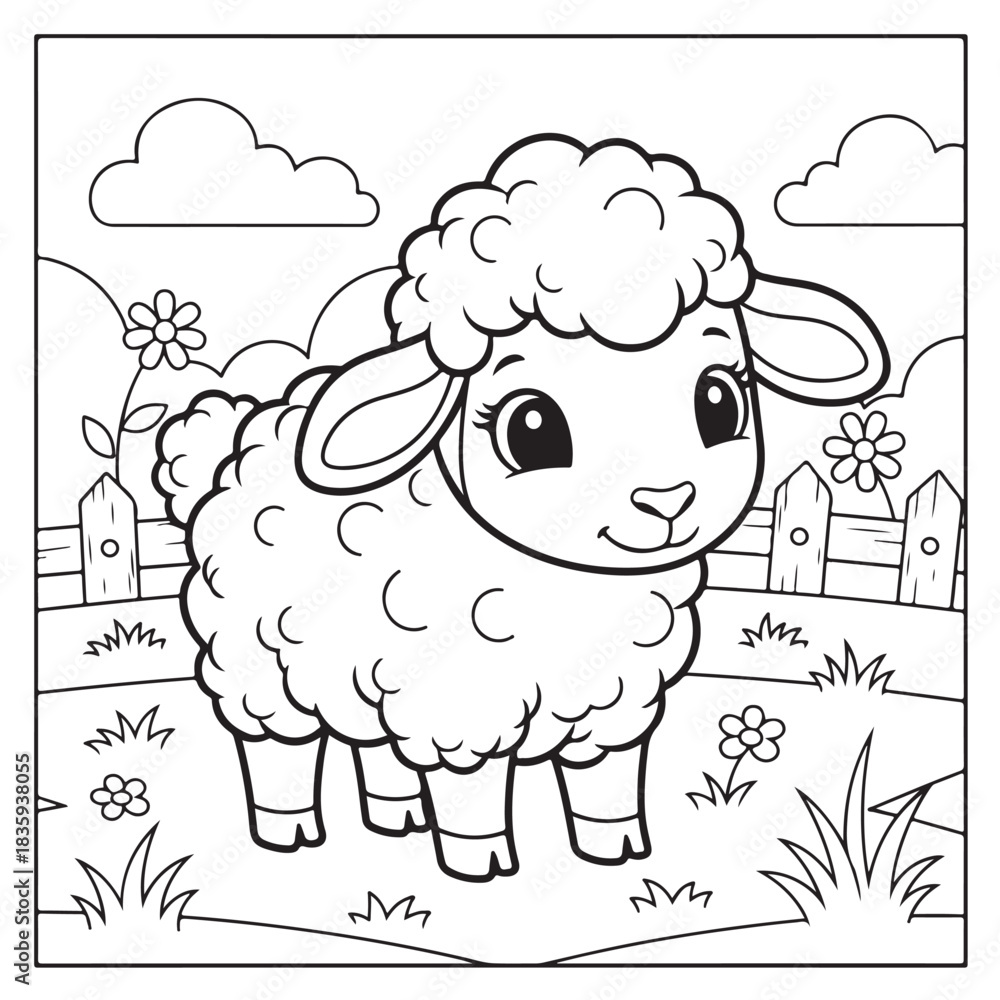 Obraz premium Adorable cartoon sheep ready for coloring fun, bringing joy and creativity to children's activities, perfect for educational materials and delightful designs.