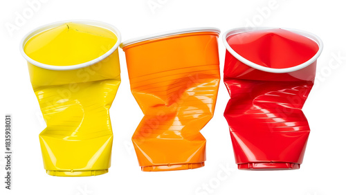 Three crushed disposable cups in yellow orange and red hues on transparent background