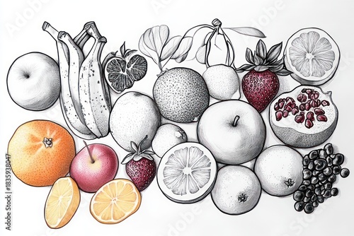 Detailed black and white illustration of various fruits with select fruits in partial color including strawberries, orange slices, and an apple, evoking freshness and natural variety