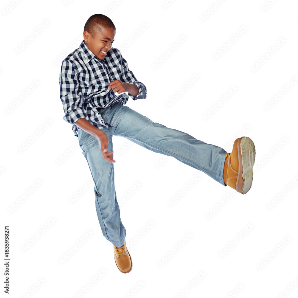Naklejka premium Child, kick and jump in studio with energy, fashion celebration and cool outfit. African kid, boy and model leap for freedom, stylish jeans or happiness isolated on white background space for winning
