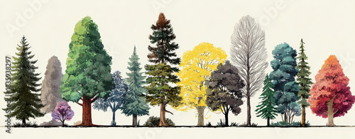 A diverse row of trees illustrated in watercolor style showcasing multiple species with varied colors, textures, and seasonal foliage