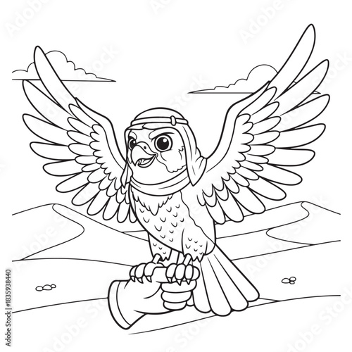 Majestic falcon with traditional headdress perched on hand, soaring over vast desert dunes under cloudy skies, symbolizing freedom and heritage.