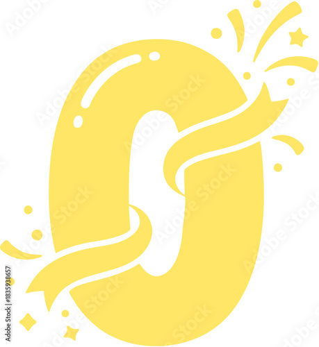 Yellow spring gradient number 0 digit with ribbon and confetti