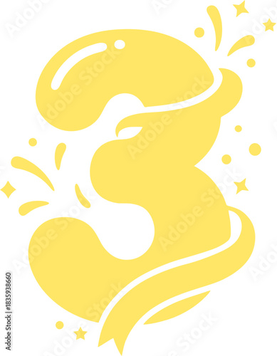 Yellow spring gradient number 3 digit with ribbon and confetti