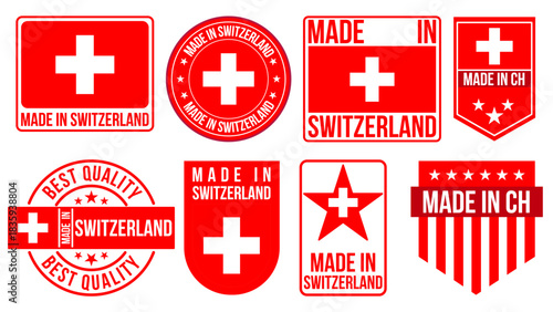 Made in Switzerland Labels, Badges, Emblems & Logos Set – Switzerland Flag Vector Illustration Collection
