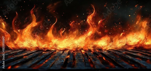 intense flames blazing on a burning surface with sparks flying and dark background creating a dramatic and powerful scene