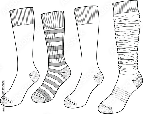 Sock illustration set, four styles, ribbed cuff, striped and ruched textures, flat vector fashion design for apparel concepts