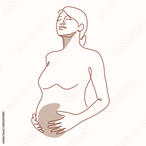 Pregnant Woman Relax Holding Her Belly one line drawing. Pregnant Woman Relax Holding Her Belly single line illustration. Pregnant Woman Relax Holding Her Belly minimalist line art.