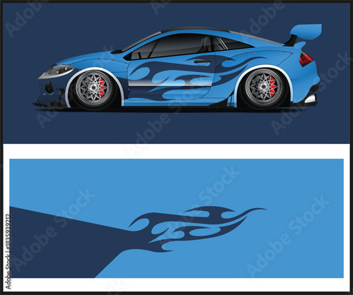 Blue sports car with custom graphics and a matching decal design