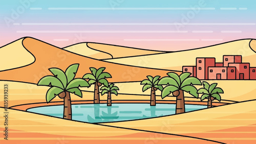 Vibrant cartoon illustration of a peaceful desert oasis with palm trees and a tranquil pond, set against rolling sand dunes and a distant village under a clear blue sky