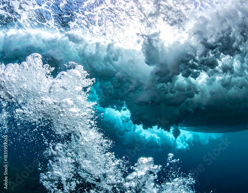 Fototapeta Naklejka Na Ścianę i Meble -  Underwater view of curling wave with bubbles and azure water
