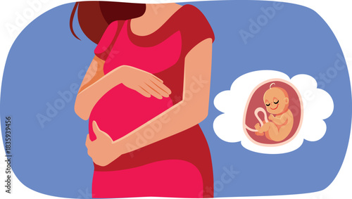 Baby in Uterine Life Medical Concept Vector Illustration. Happy adorable unborn fetus in the belly of the mother