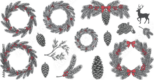 Large Collection of Hand-Drawn Christmas and Winter Elements, Including Rustic Pine Needle Wreaths with Red Berries, Detailed Pine Cones, Evergreen Branches, and a Reindeer Silhouette, Isolated on Wh