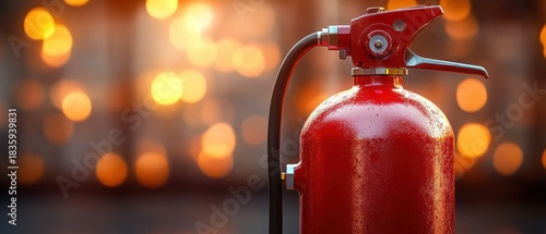 Close-up of a red fire extinguisher with a wet surface in front of blurred warm orange and yellow bokeh lights creating a cozy atmosphere