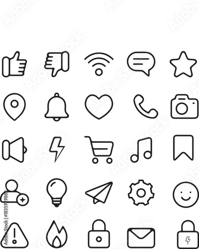 Illustration of set of outline social media and application icons for user interface design