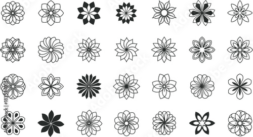 Geometric floral icons, varied abstract mandala shapes, outline and filled flower symbols, minimalist vector elements for branding ideas.