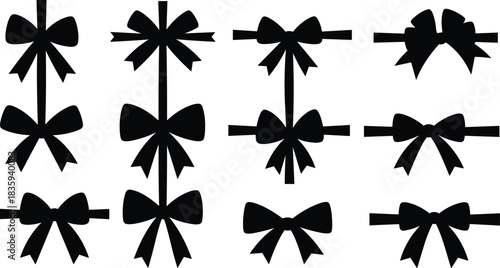 Large set of twelve black silhouette vector icons of bows and ribbons, collection of decorative elements for gifts and holidays, various bow tie shapes and ribbon styles, isolated on white.