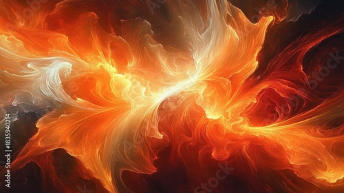 Abstract fiery swirling patterns in bright orange, yellow, and white hues creating a dynamic energy flow and intense glowing effect