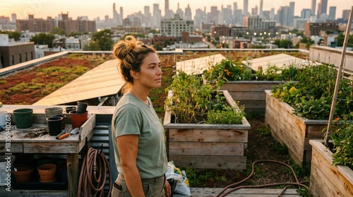 Woman tending rooftop farm at golden hour, peaceful accomplishment.