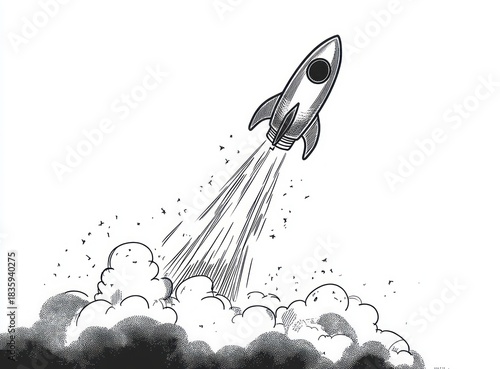 black and white sketch of a rocket launching upwards into the sky with smoke and debris at the base conveying motion and energy