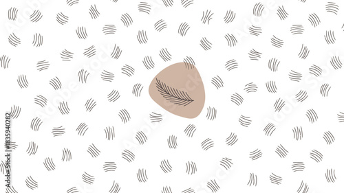 A single abstract shape with a feather-like pattern surrounded by scattered grey marks.