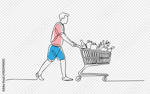 Line art drawing of a man pushing a grocery cart filled with food and drinks, perfect for ads, illustrations, or editorial content about shopping.