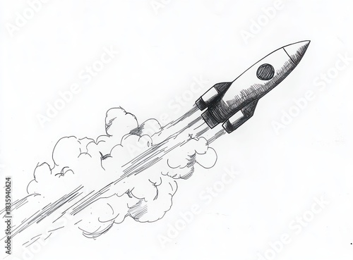 Black and white drawing of a rocket flying upwards with smoke trailing behind, suggesting speed and motion