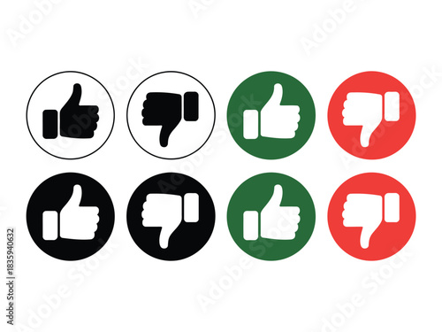 A collection of thumbs up and thumbs down icons in black, white, green, and red.