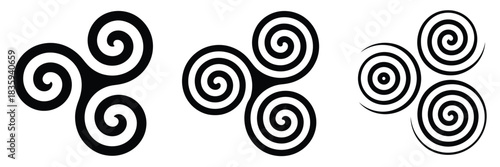 Celtic triskelion spirals over white, featuring triple spirals with two, three, and four turns, twisted and connected motifs, exhibiting rotational symmetry, isolated vector illustration