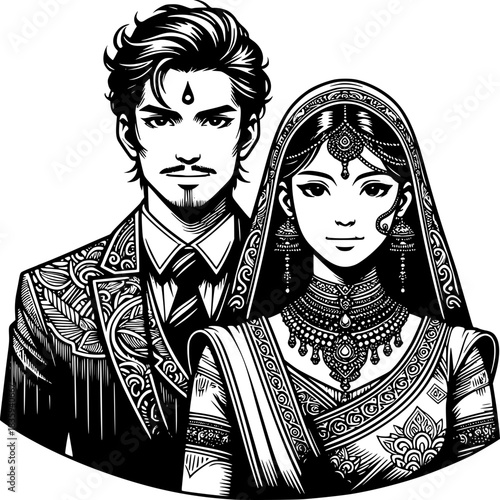 Indian Wedding: A striking black and white illustration depicts a beautifully adorned couple, capturing the elegance and tradition of a wedding celebration.