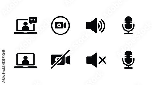 Set of icons representing video call controls like camera and microphone on a white background.