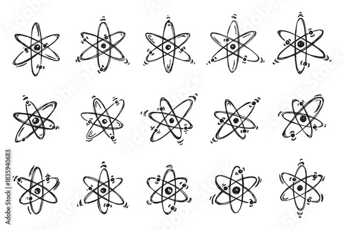 Set of hand drawn atom sign Molecule clipart in doodle style Symbol of science, education, nuclear energy, scientific research, molecular chemistry Single element for print, web, design