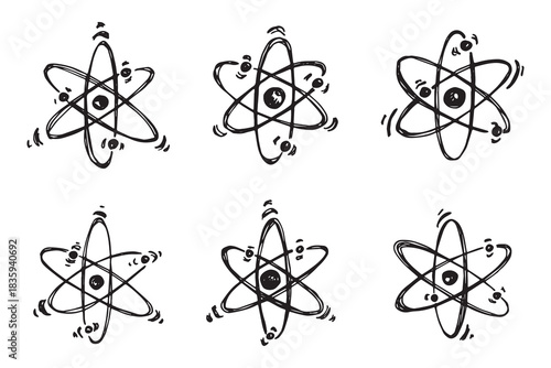 Set of hand drawn atom sign Molecule clipart in doodle style Symbol of science, education, nuclear energy, scientific research, molecular chemistry Single element for print, web, design