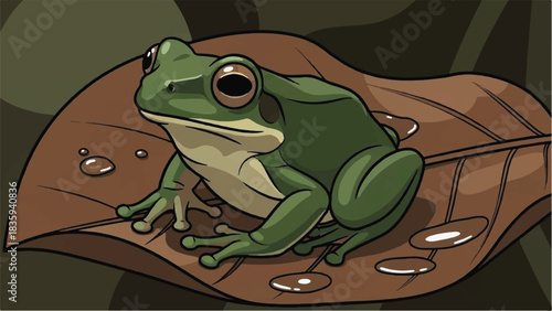 Vibrant Green Tree Frog Resting Peacefully on a Moist Brown Leaf with Dewdrops in a Serene Forest Environment Illustration